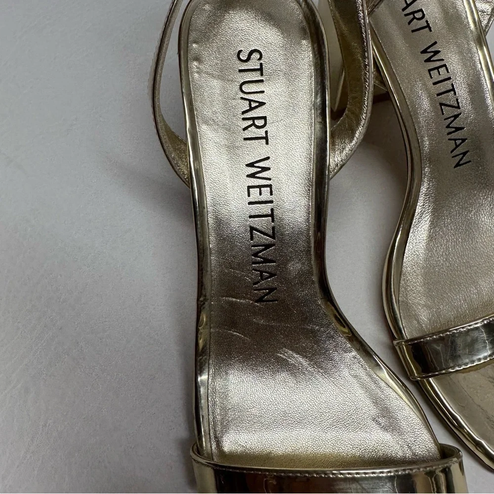 Stuart Weitzman Metallic Gold Block Heel Sandals Sz 7.5